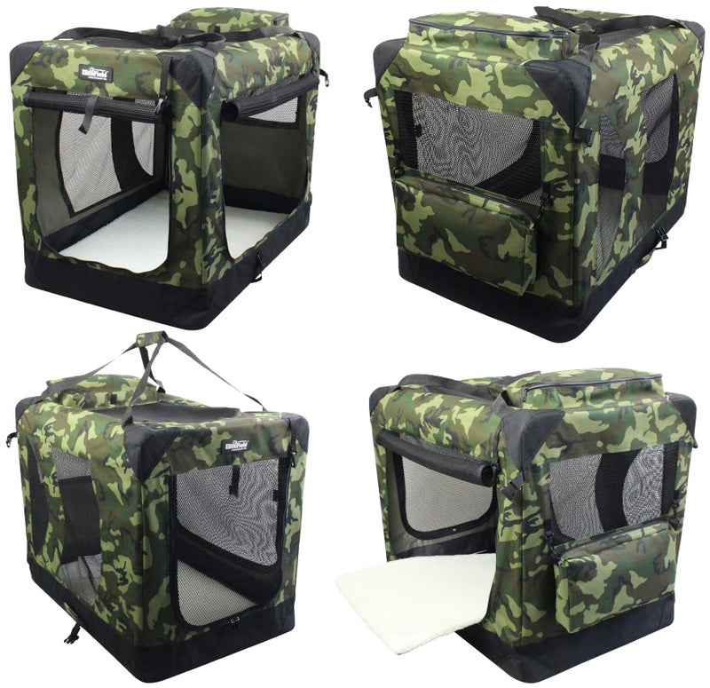 EliteField 3-Door Folding Soft Dog Crate with Carrying Bag and Fleece Bed (2 Year Warranty), Indoor & Outdoor Pet Home (24" L x 18" W x 21" H, Camo) - Image 3
